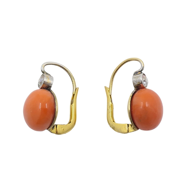 Antique 14k Gold Coral Diamond Accent Drop Earrings