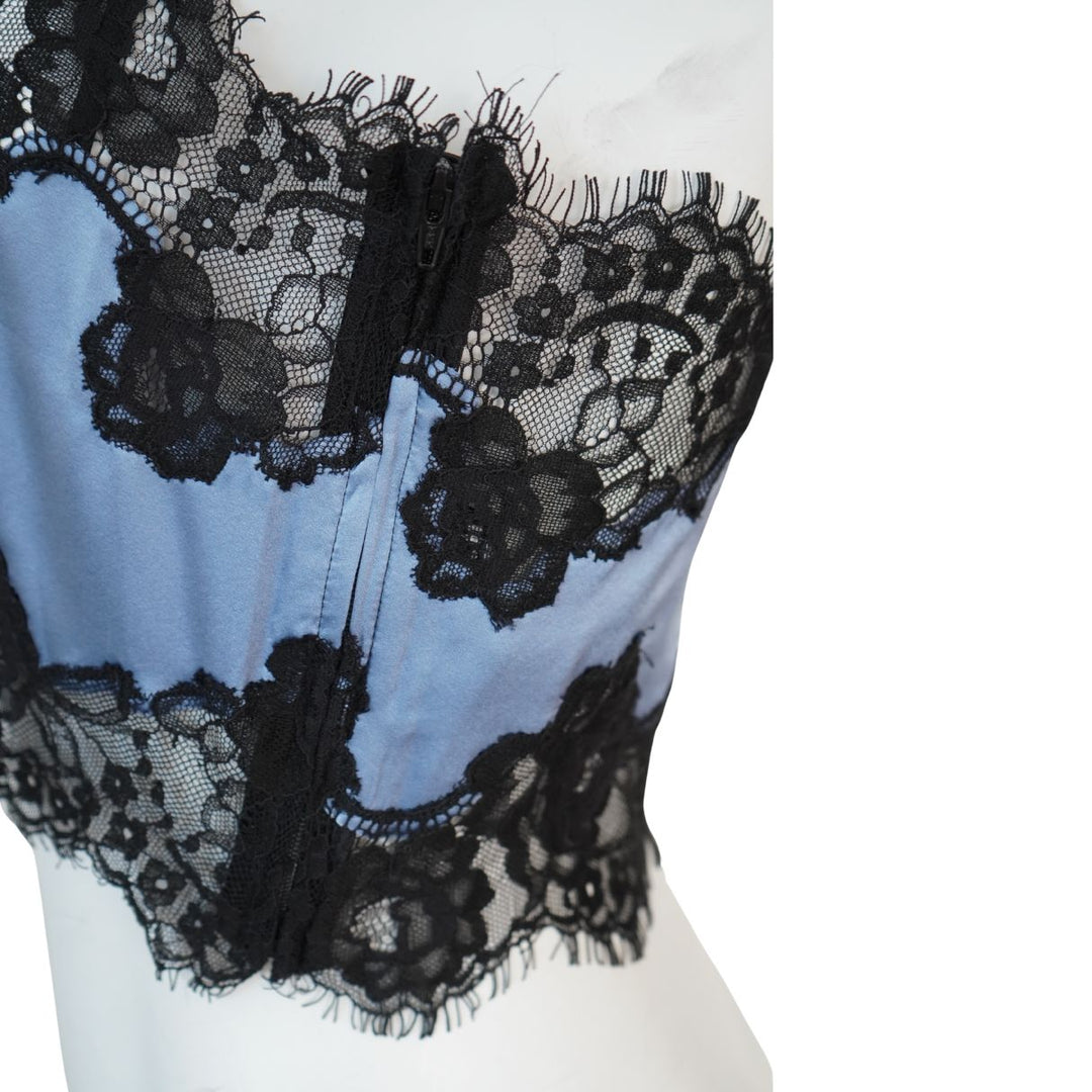 Fleur du Mal Blue Silk Black Lace Cropped Tank Top