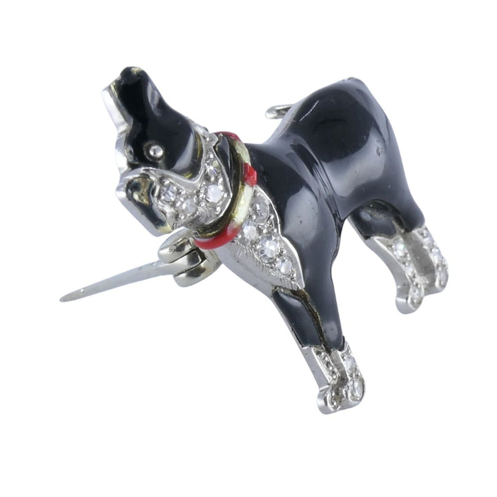 Art Deco Platinum Onyx Diamond Enamel French Bulldog Brooch, Circa 1920s–1930s