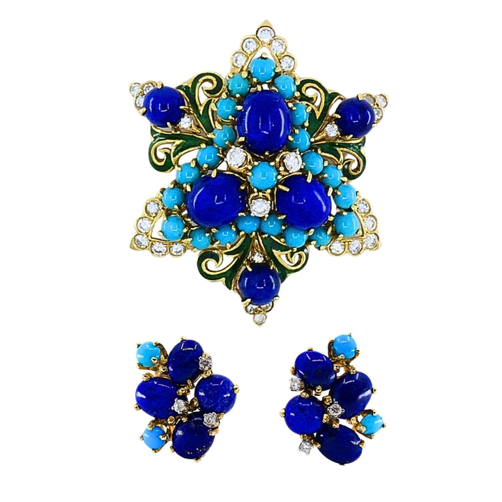Vintage 14k Gold Lapis Lazuli Turquoise Diamond Brooch & Earrings Set