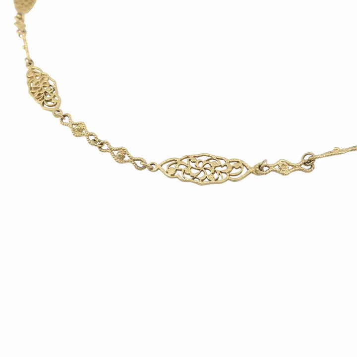 Vintage 14K Gold Openwork Filigree Marquise Long Chain Necklace