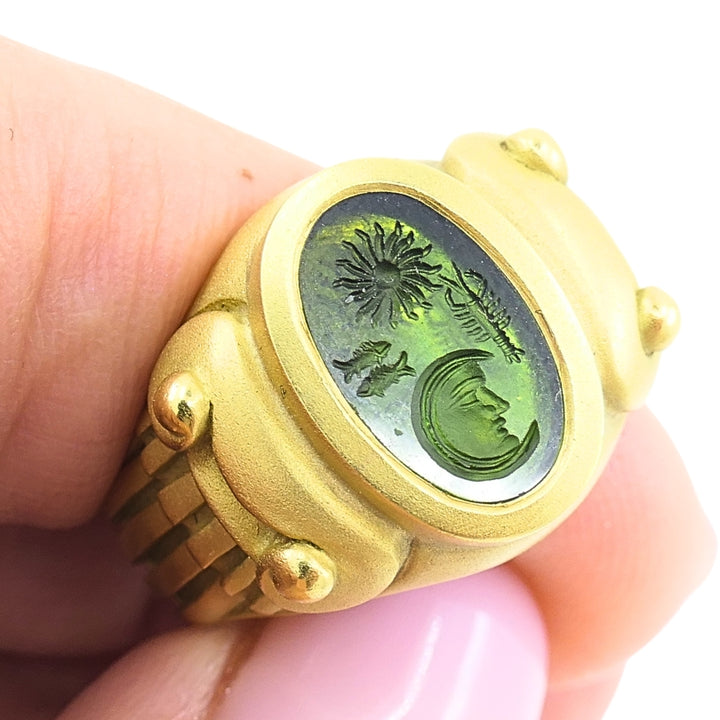 Kieselstein Cord Ring 18k Gold Green Tourmaline Intaglio