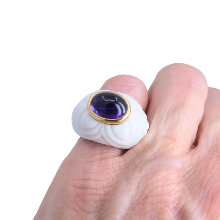 BVLGARI Bulgari Chandra Ring 18k Gold Amethyst Porcelain 1990s Ring Size 4