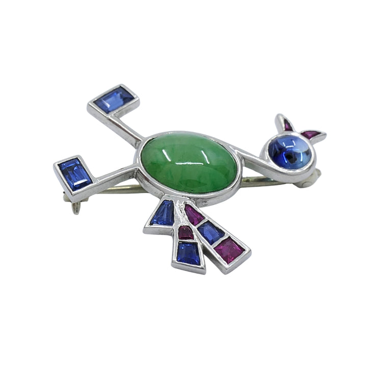 Vintage Modernist 14k White Gold Multigemstone Bird Brooch