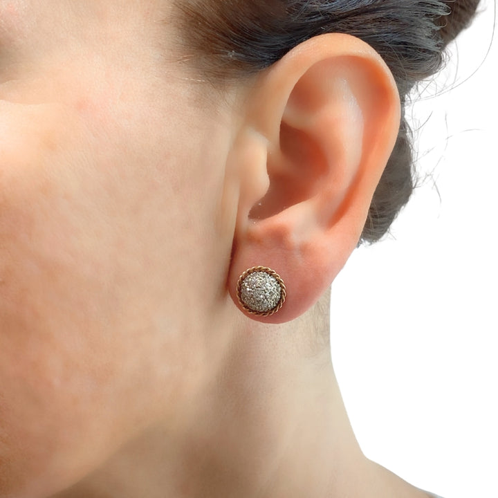 Vintage 14k Gold Stud Earrings Pave Diamond Rope Design