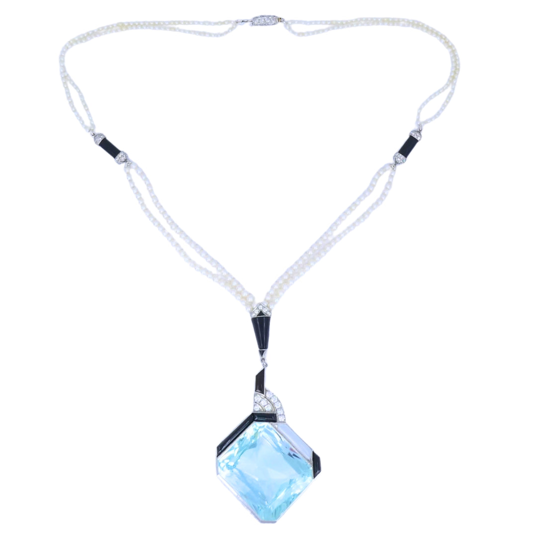 Art Deco Platinum Aquamarine Black Onyx Diamond Pearl Necklace