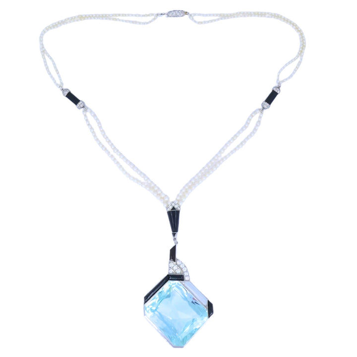 Art Deco Platinum Aquamarine Black Onyx Diamond Pearl Necklace