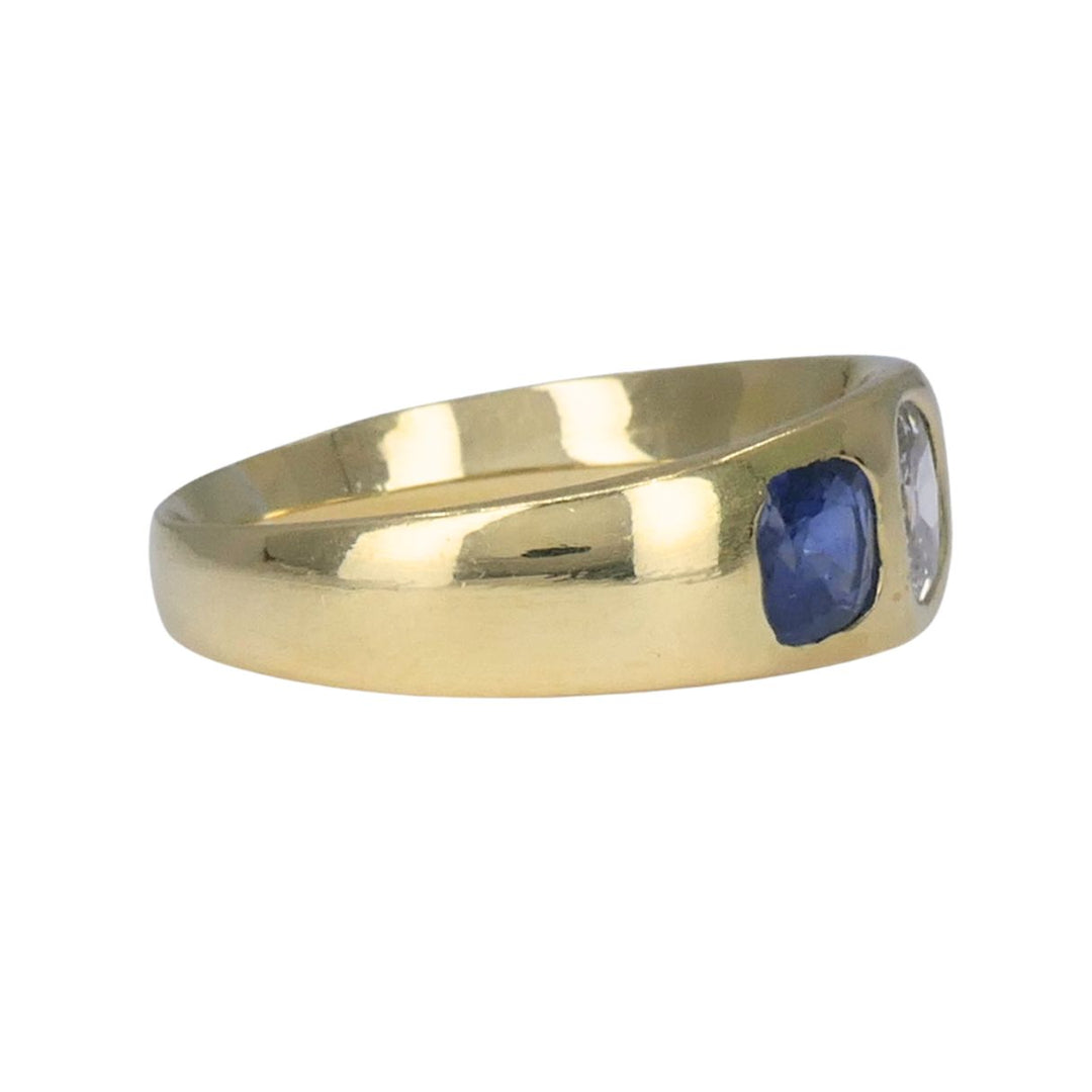 Vintage 18k Gold Sapphire Diamond Gypsy Three Stone Ring