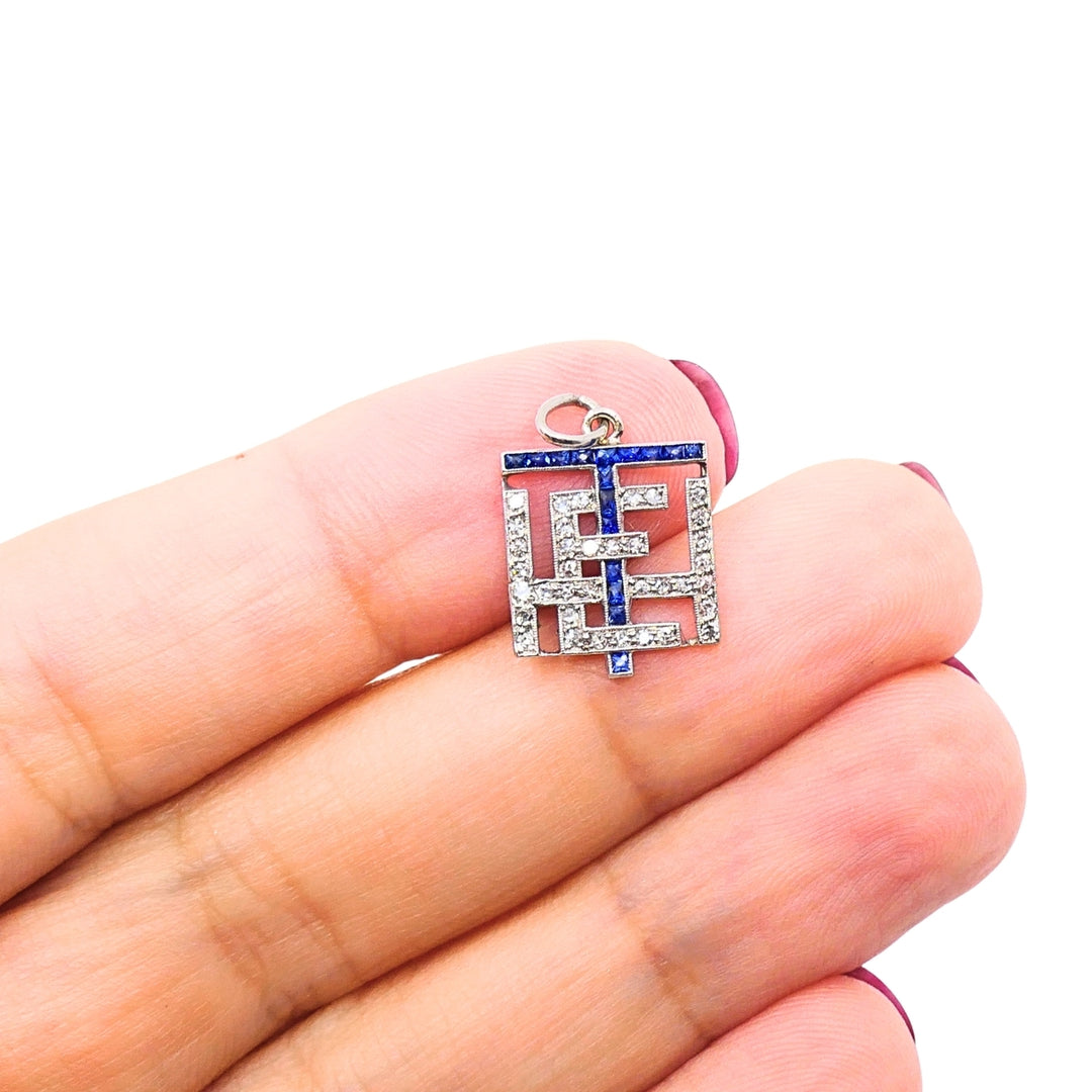 Antique Platinum Diamond Sapphire Geometric Pendant Charm