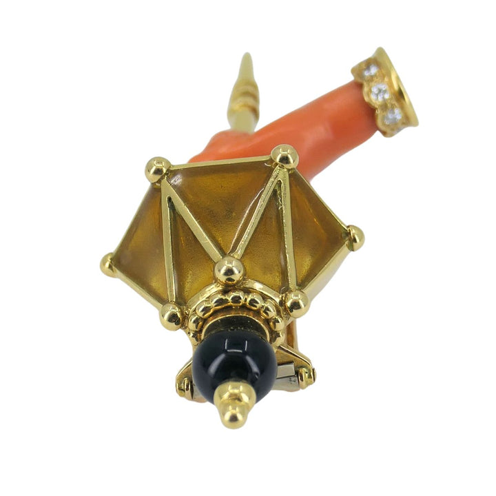 Vintage French 18k Gold Coral Diamond Clip Brooch