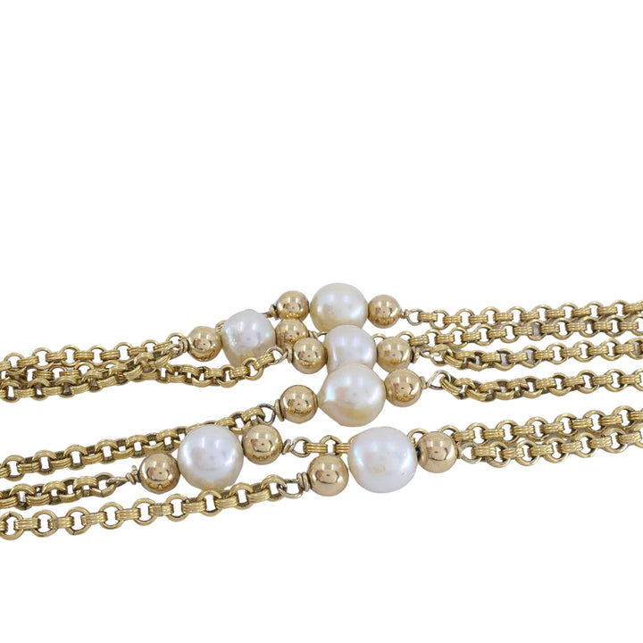 Vintage 10k Gold Cultured Pearl Long Chain Station Necklace