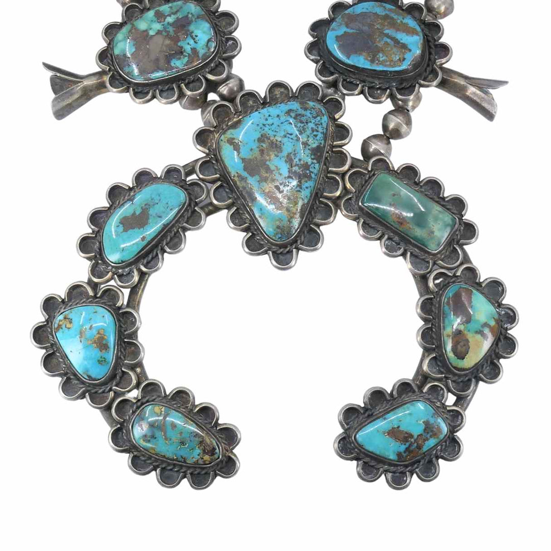 Navajo Sterling Silver Turquoise Signed Squash Blossom Necklace