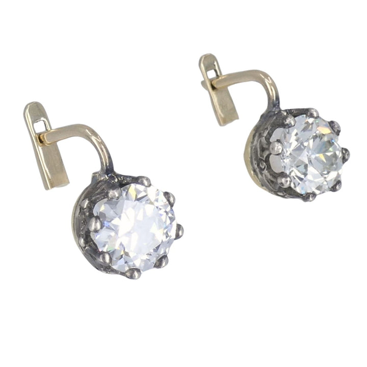 Antique Two Tone Diamond Drop Earrings 14k Gold Silver Old European Cut