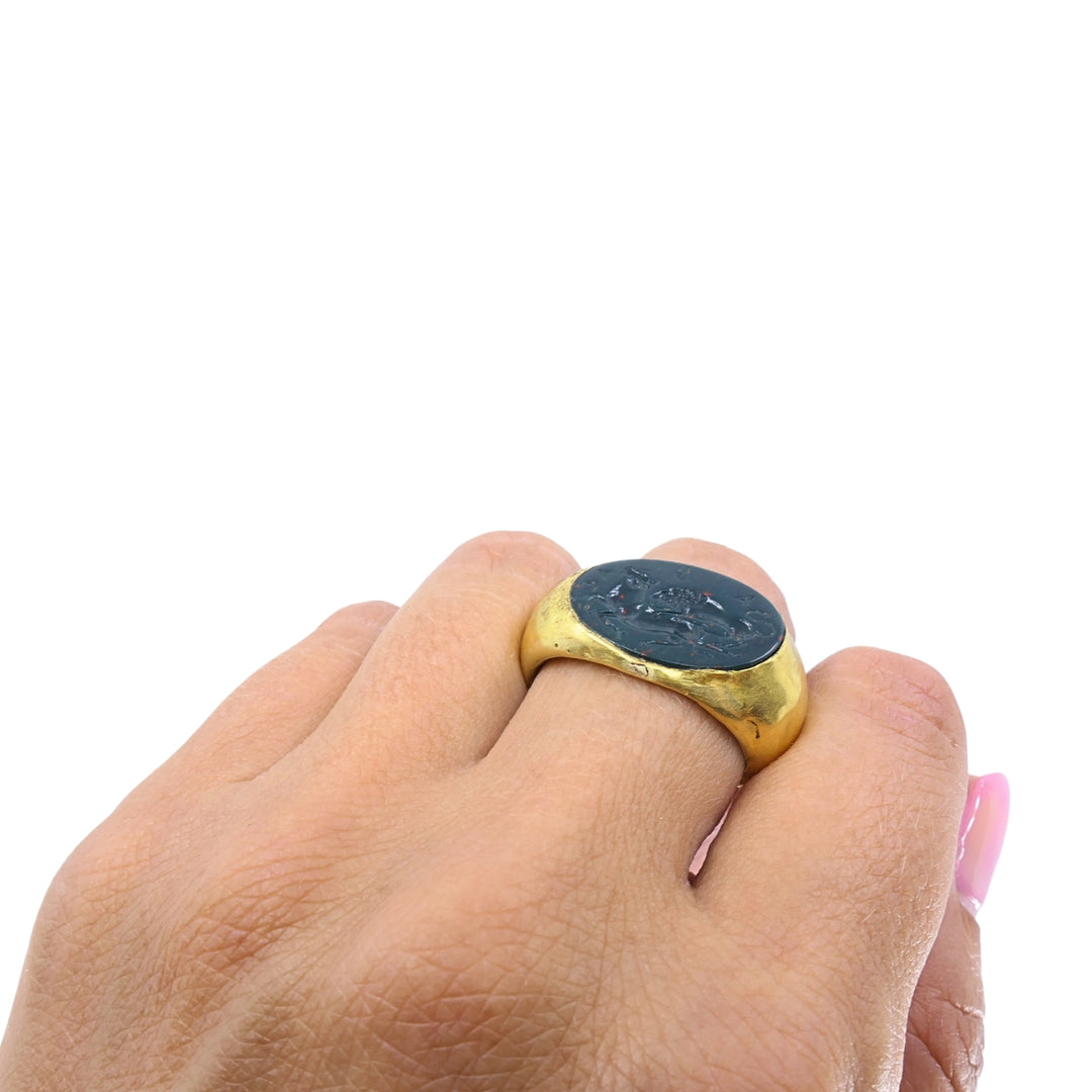 22k Gold Oval Intaglio Lion Bull Signet Ring Greek & Roman Inspired Design