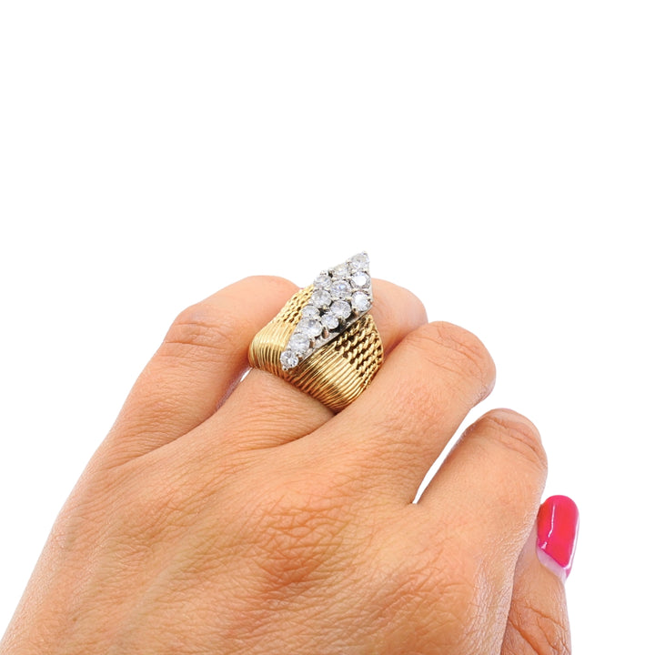 Vintage 14k Gold & 10k White Gold Accent Diamond Cluster Woven Cocktail Ring