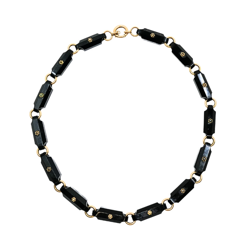 Vintage Black Onyx Necklace Floral Design 14k Gold Links