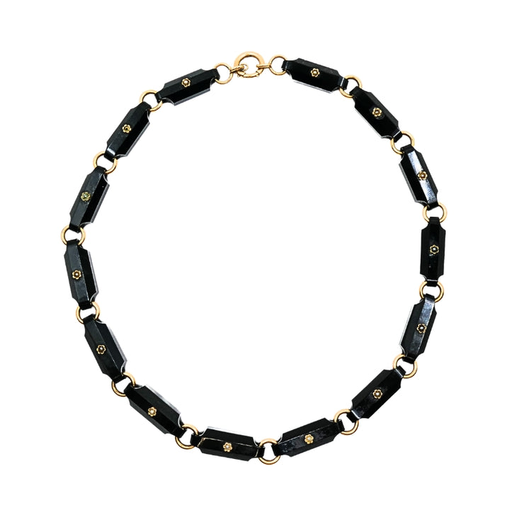 Vintage Black Onyx Necklace Floral Design 14k Gold Links