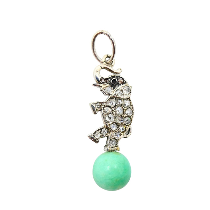 Antique Platinum‑Topped 14k Gold Diamond Elephant Charm Green Bead Accent