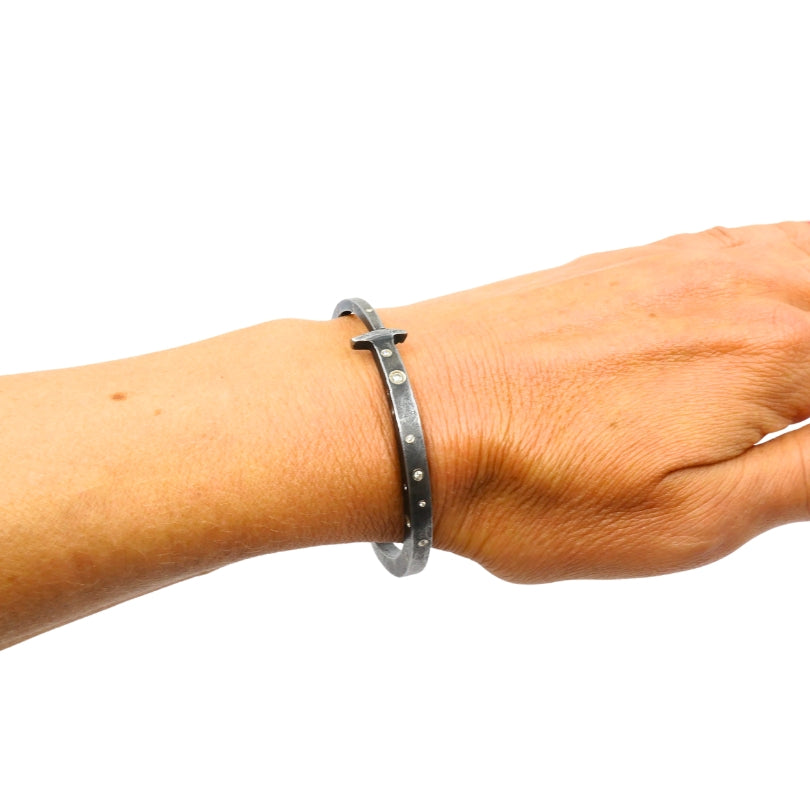 Modern Silver 18k Gold Bangle Bracelet Diamond Accents