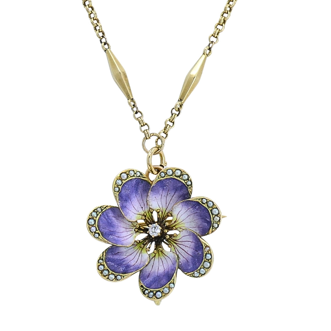 14k Gold Violet Flower Diamond Seed Pearl Pendant Brooch Necklace
