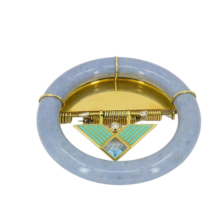 David Webb 1960s Jade Aquamarine Diamond Enamel Gold Brooch Pendant