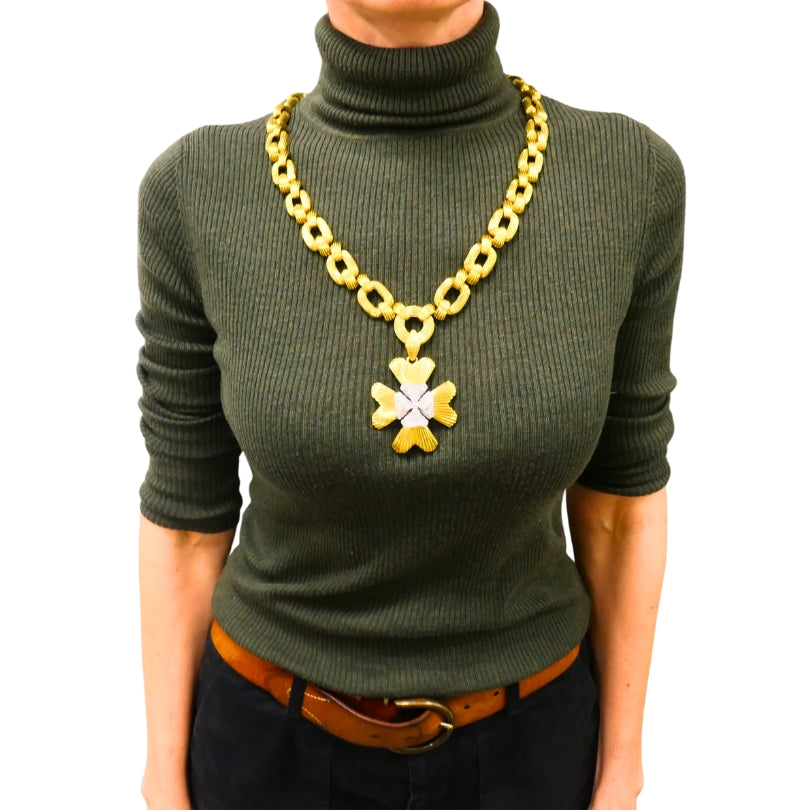 David Webb Necklace Sautoir Chain Oval Links 18k Gold Platinum Diamond Brooch