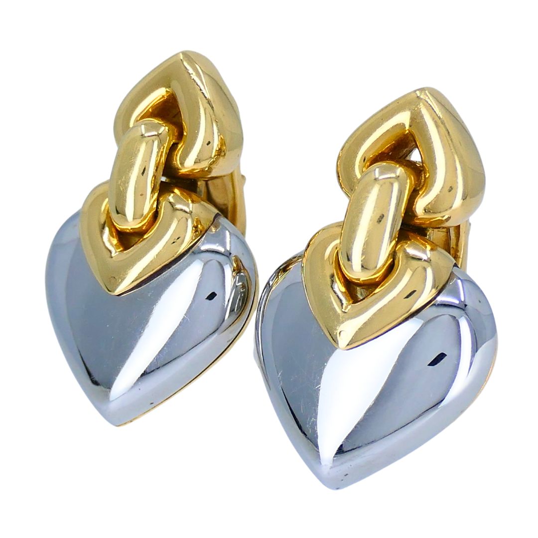 Vintage Bvlgari 18k Gold Steel Doppio Cuore Heart Earrings
