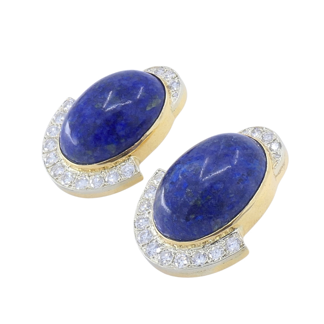 Sterlé Paris 14K Gold Lapis Lazuli Diamond Clip-On Earrings, circa 1960s - 1970s