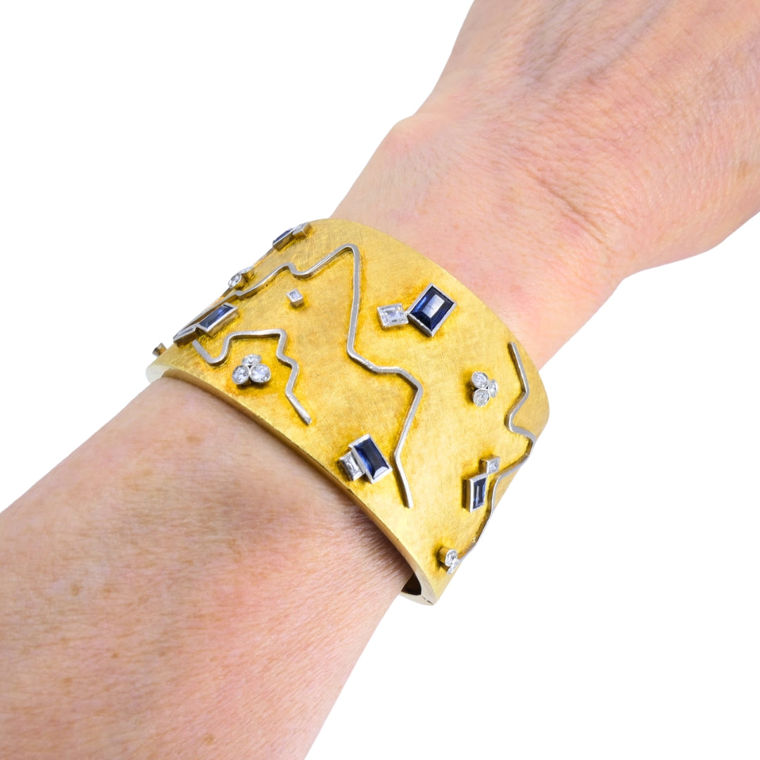 18k Gold Diamond Cuff Bracelet Sapphire Wide Gold Bangle Vintage Jewelry