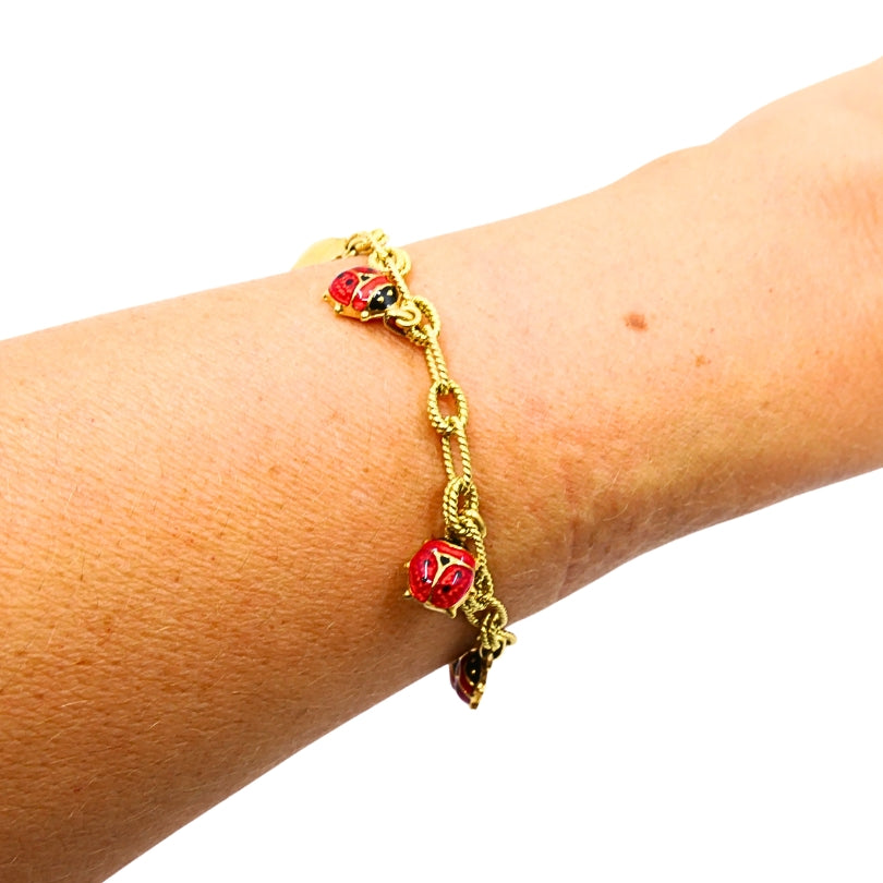 18k Gold Chain 14k Enamel Ladybug Charms Bracelet