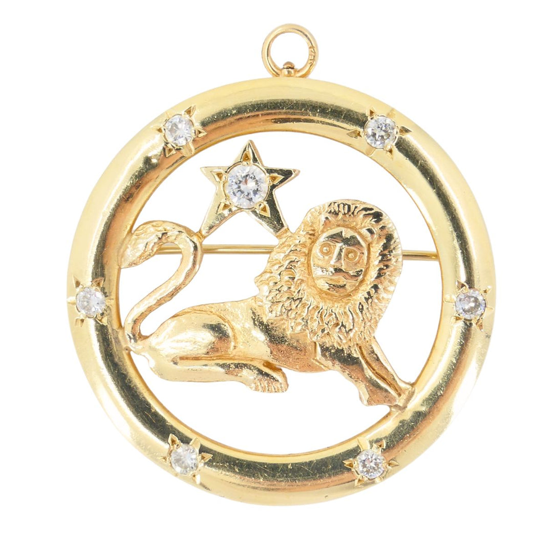 Vintage 14k Gold Diamond Leo Astrological Zodiac Pendant Pin