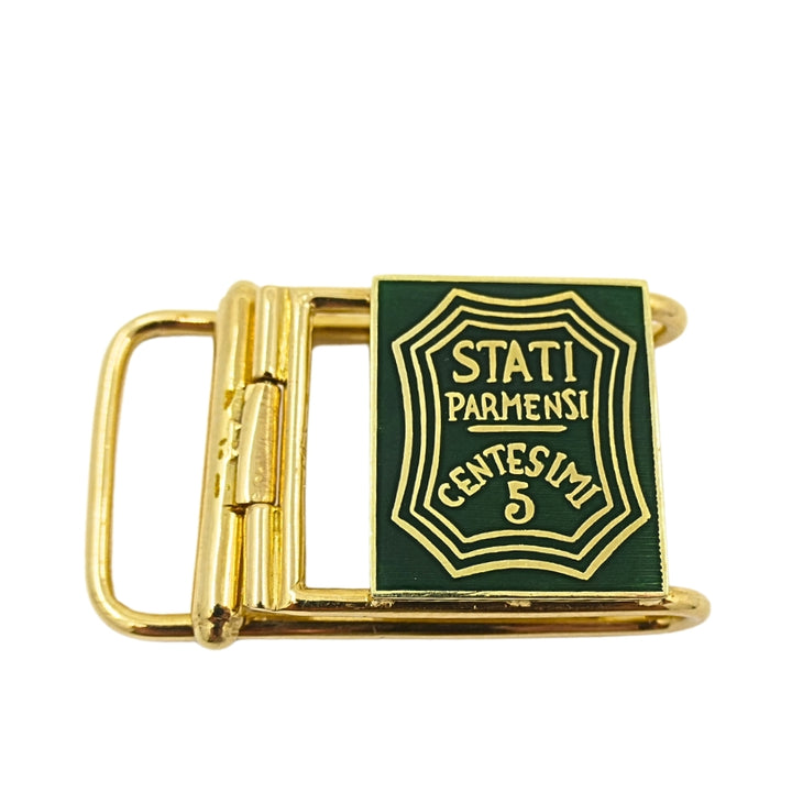 Vintage Belt Buckle Pendant 14k Gold Green Enamel