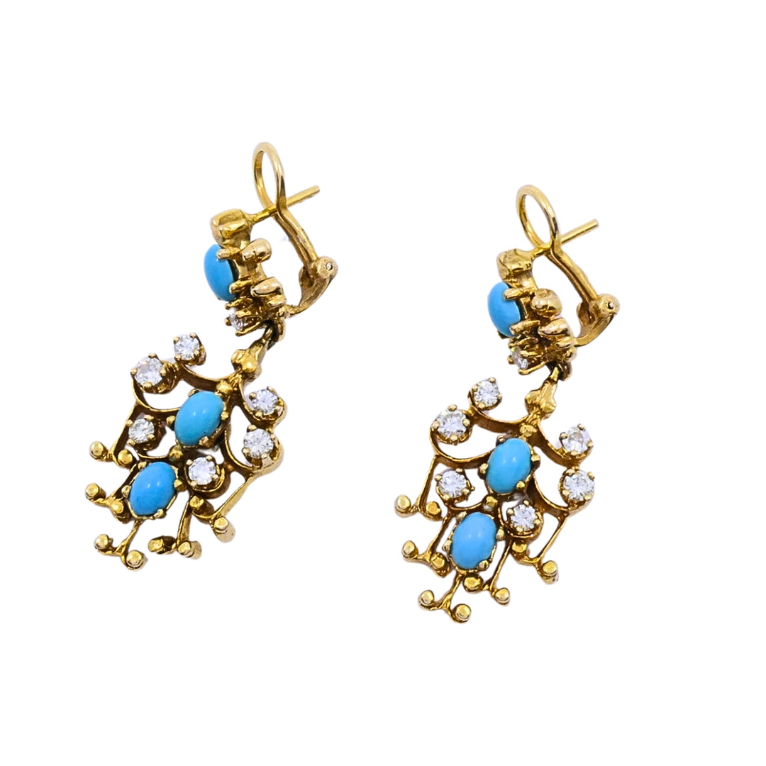 14k Yellow Gold Turquoise Diamond Scrollwork Drop Earrings