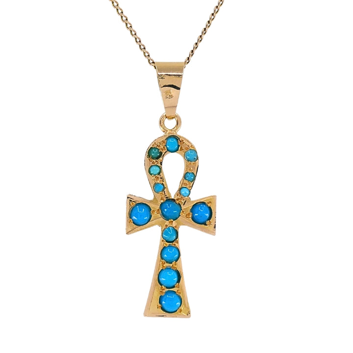 Vintage 21k Gold Turquoise Ankh Pendant 14k Gold Chain Necklace