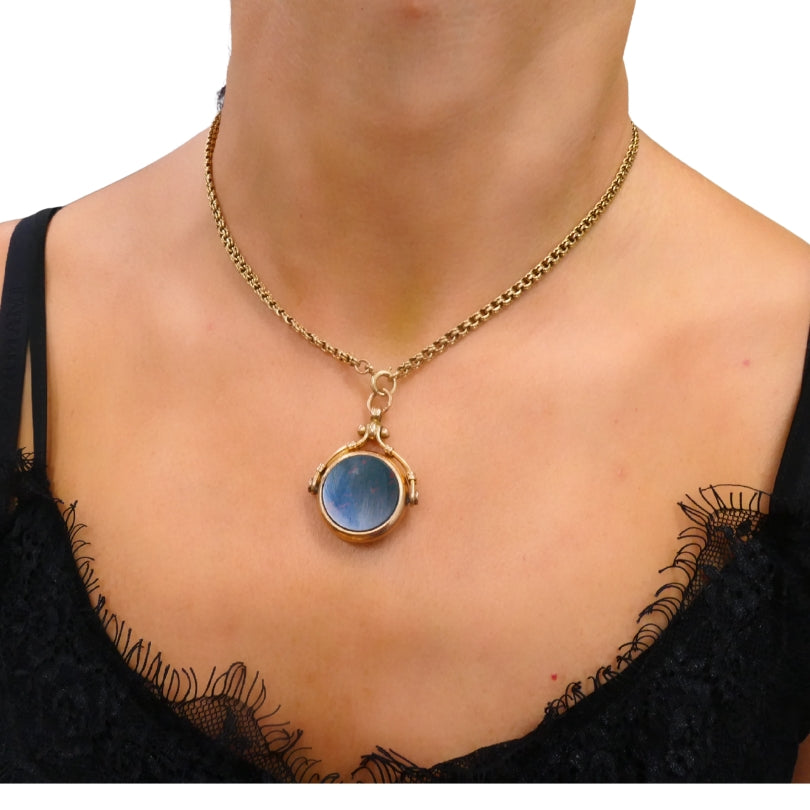 Antique 9k Gold Carnelian Bloodstone Pendant  14k Gold Chain Necklace