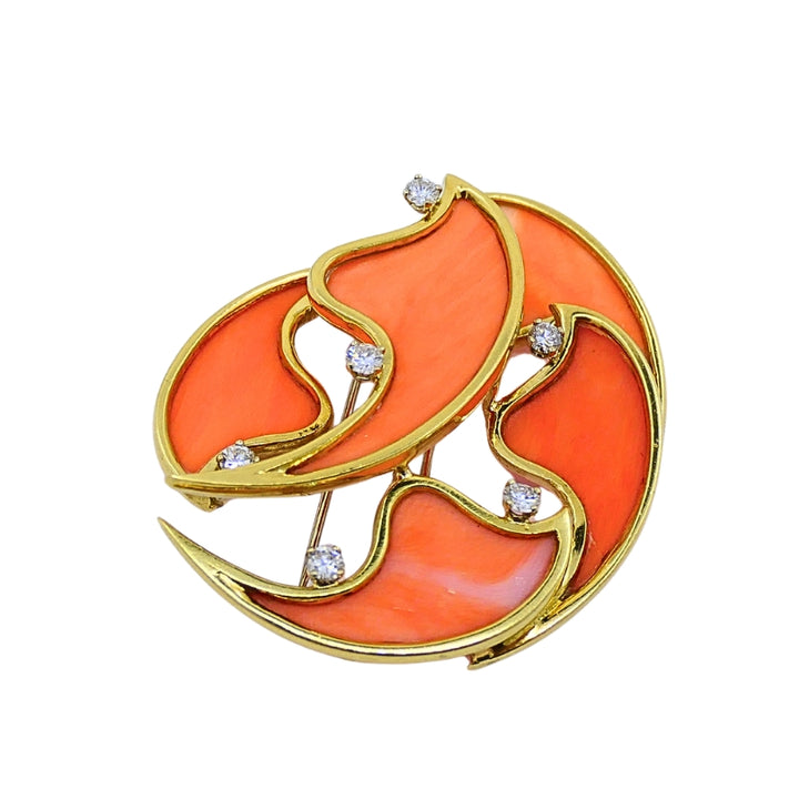 French Vintage Coral Diamond Brooch 18k Gold