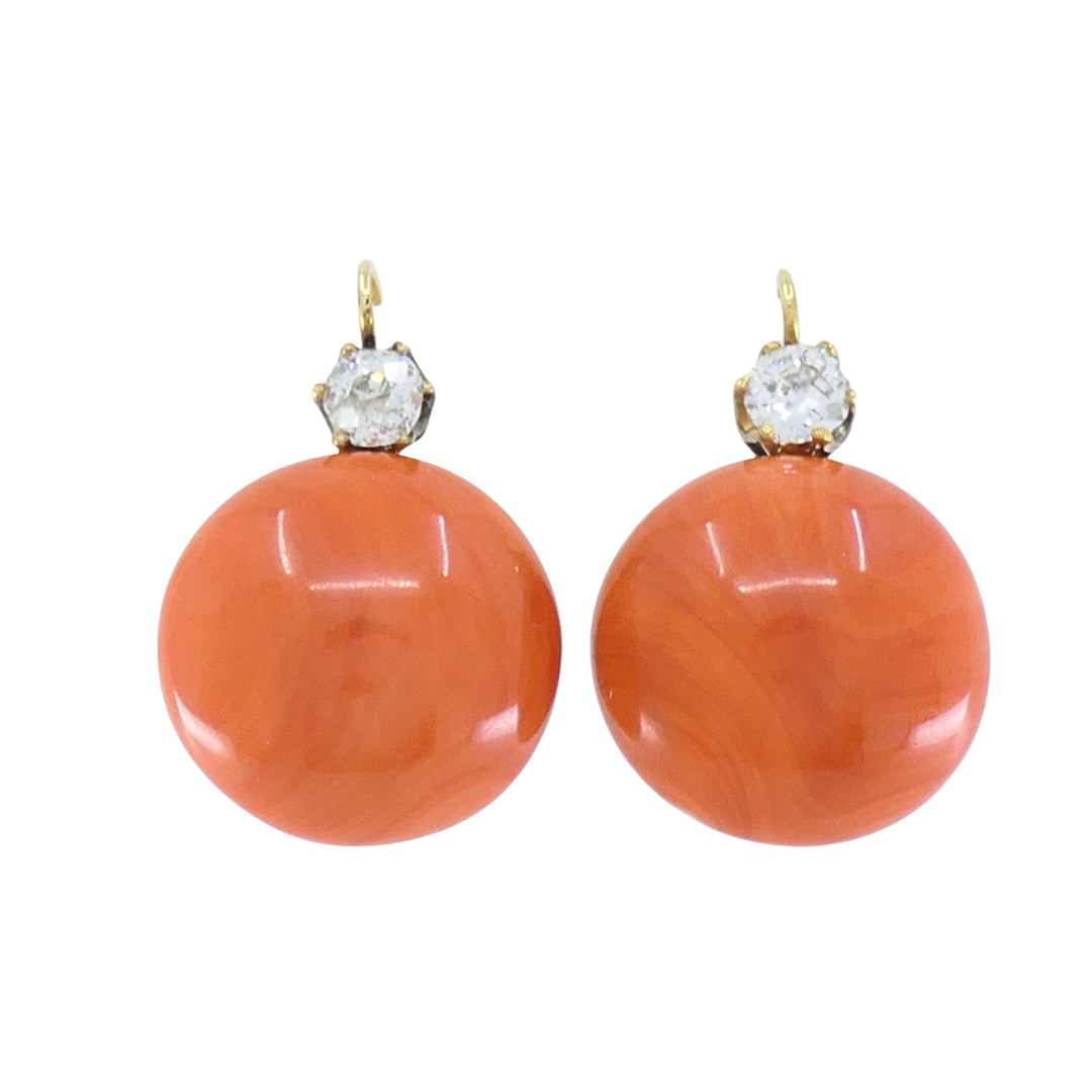 Antique Victorian 14k Gold Coral Diamond Drop Earrings, 1890 - 1900