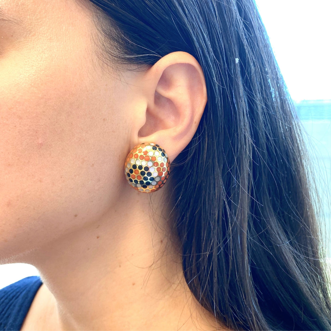 Angela Cummings 18k Gold Mother-of-Pearl Onyx Coral Inlay Dot Dome Earrings