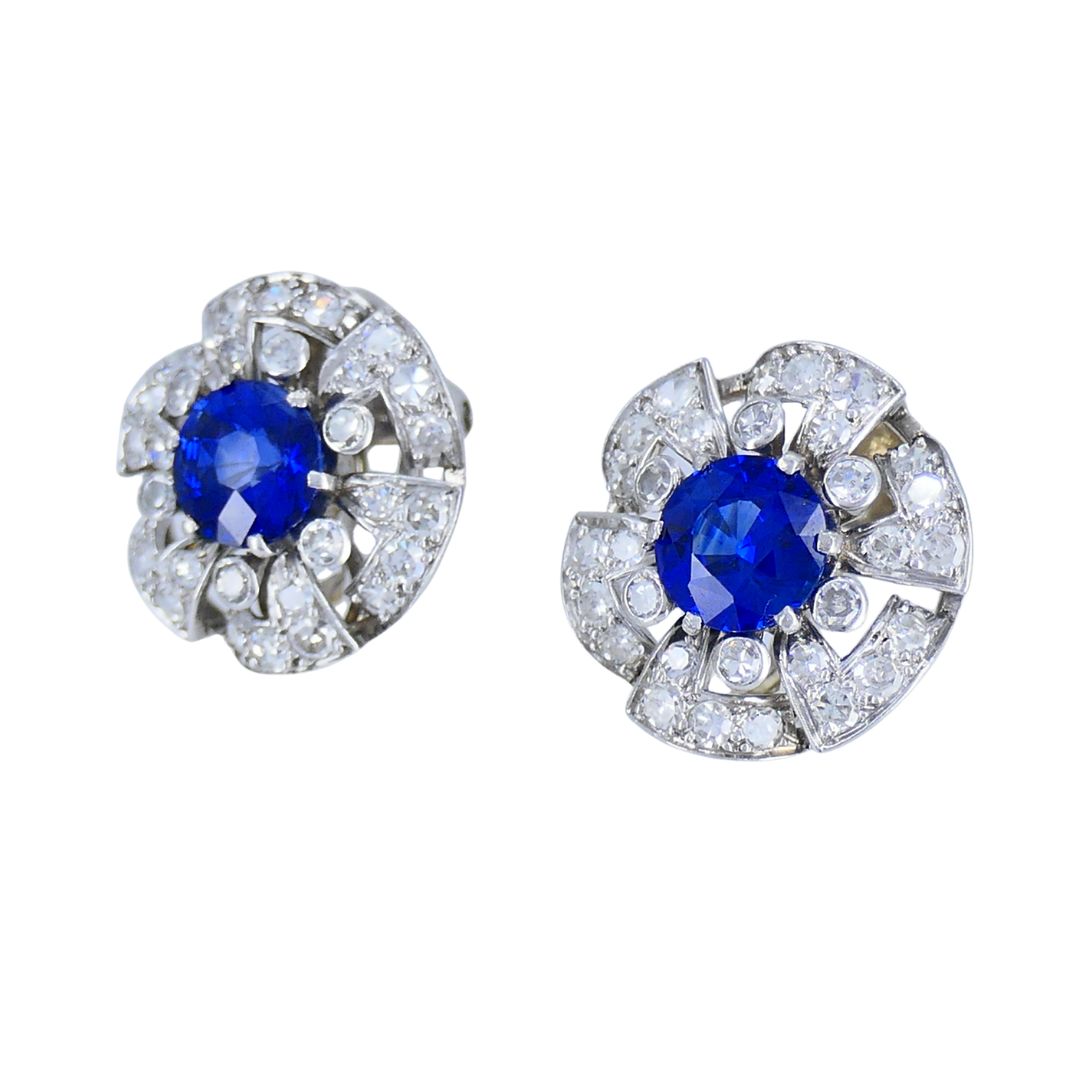 Vintage French Sapphire Diamond Platinum 18k White Gold Cluster Earrings