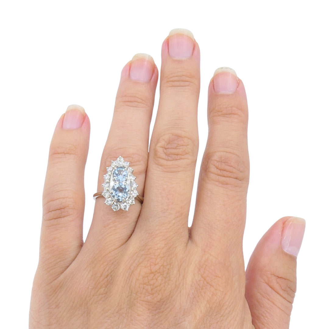 18k White Gold Aquamarine Diamond Elongated Halo Ring