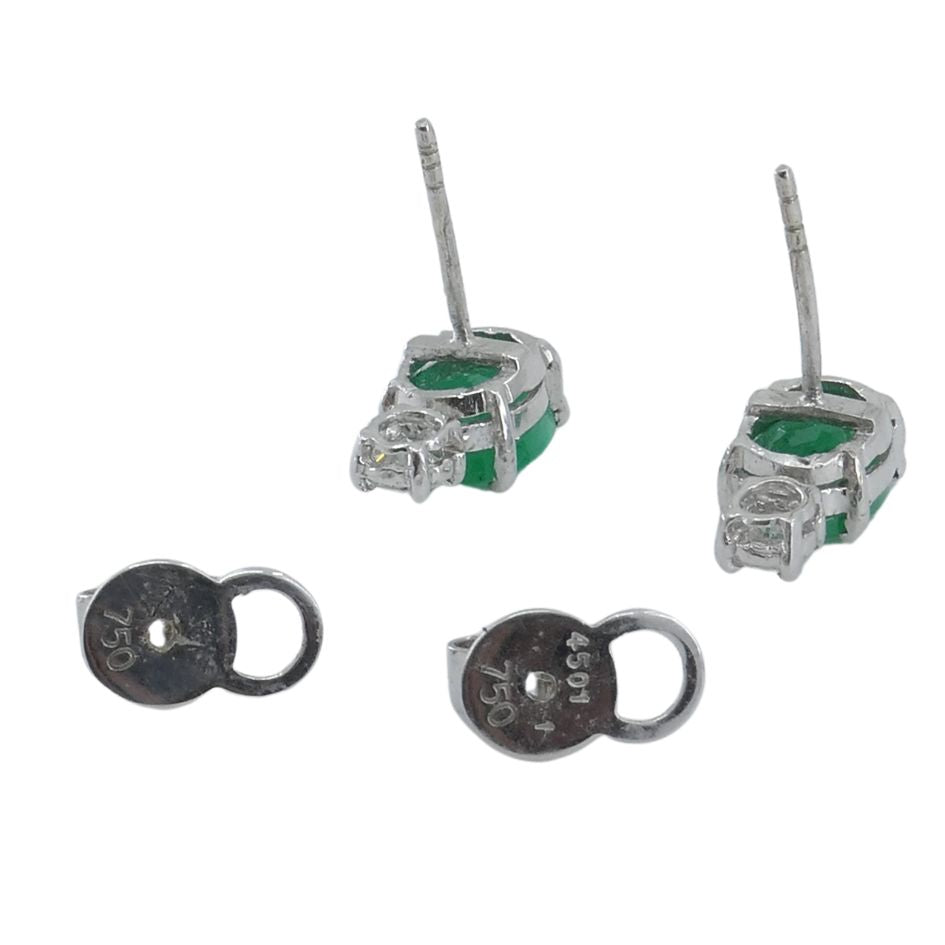 Vintage 18k White Gold Emerald Diamond Stud Earrings