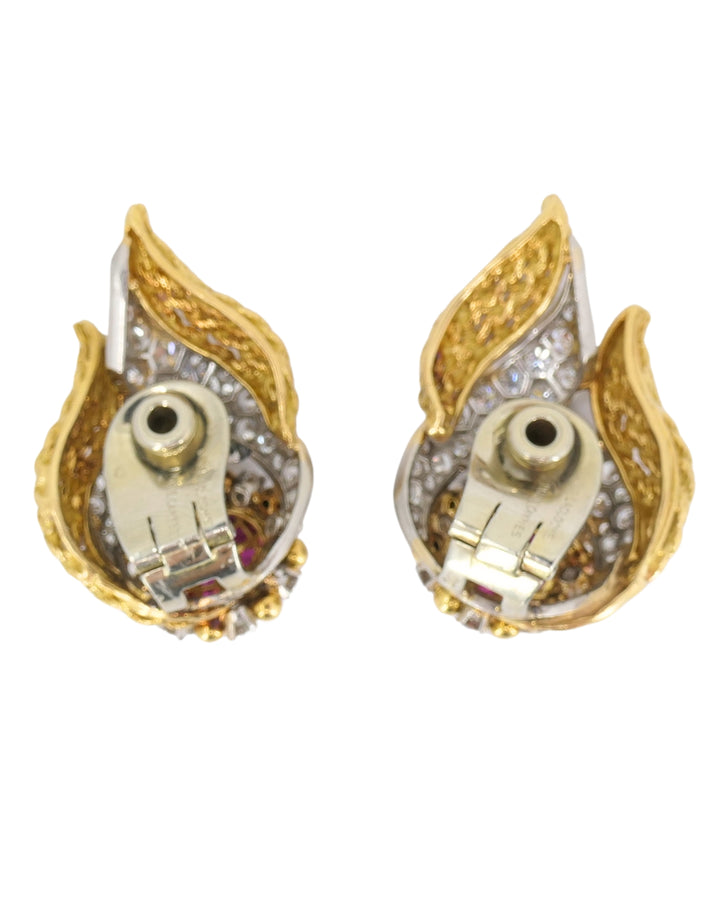 Lacloche Clip On Earrings 18k Yellow & White Gold Ruby and Diamond Earrings