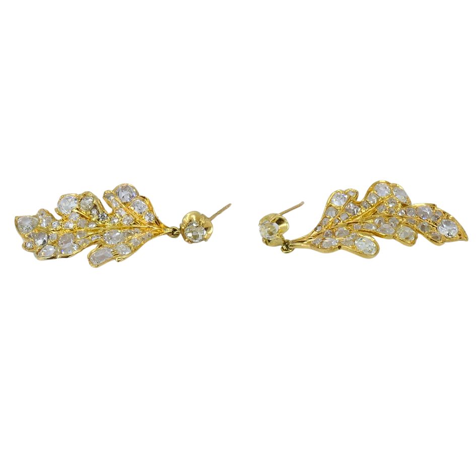 Vintage 14k Gold Diamond Leaf Drop Earrings