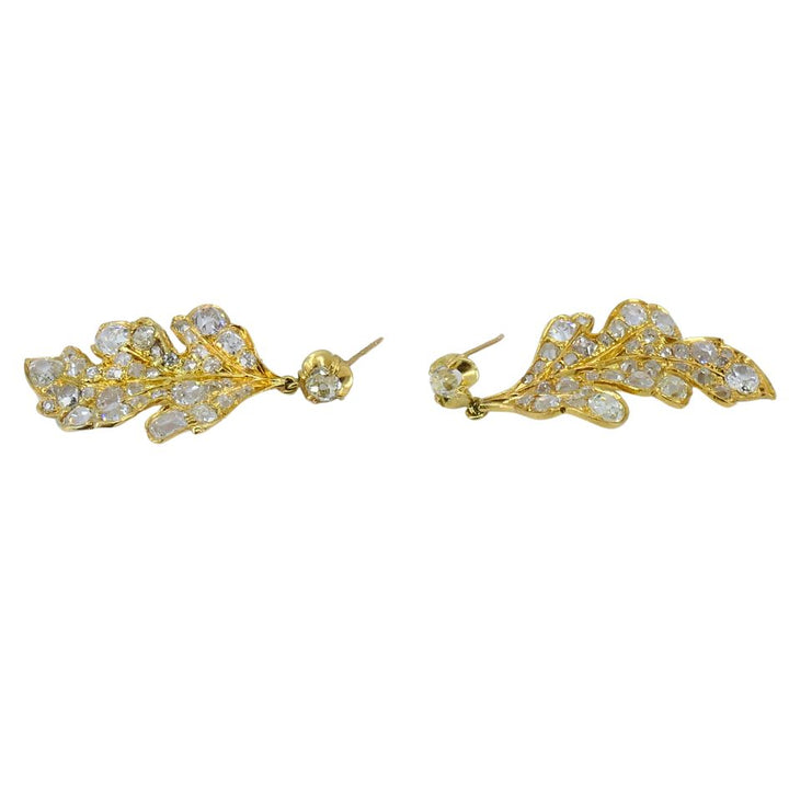 Vintage 14k Gold Diamond Leaf Drop Earrings