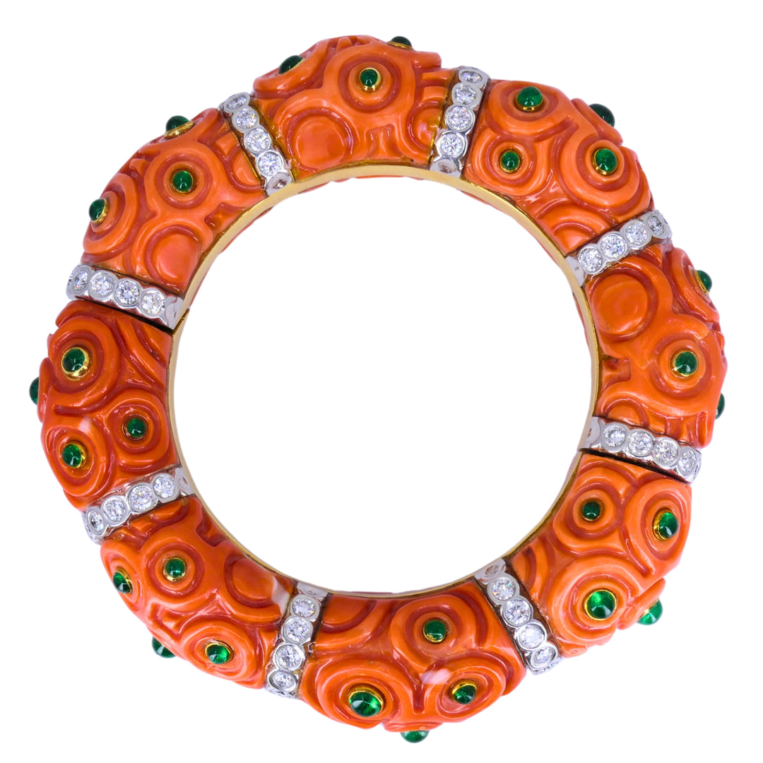 Steven Grotell Platinum and 18k Gold Bracelet Diamond Emerald Carved Coral