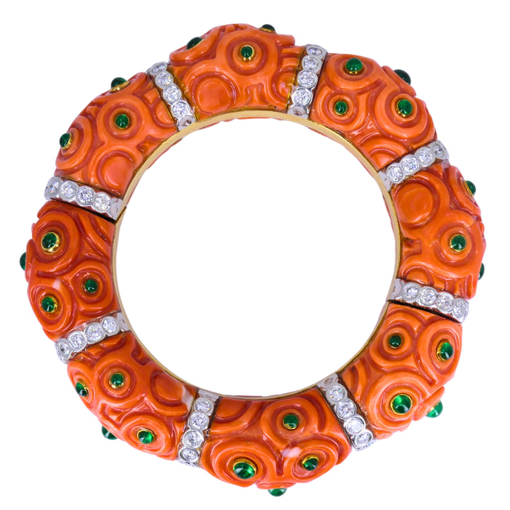 Steven Grotell Platinum and 18k Gold Bracelet Diamond Emerald Carved Coral