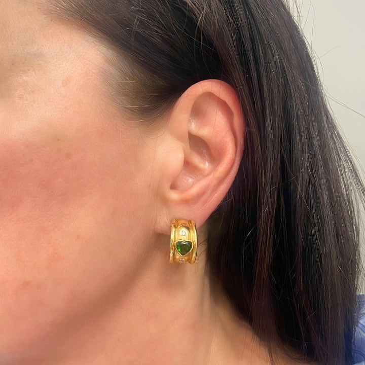 18k Yellow Gold Heart-Shaped Tourmaline Diamond Half-Hoop Earrings