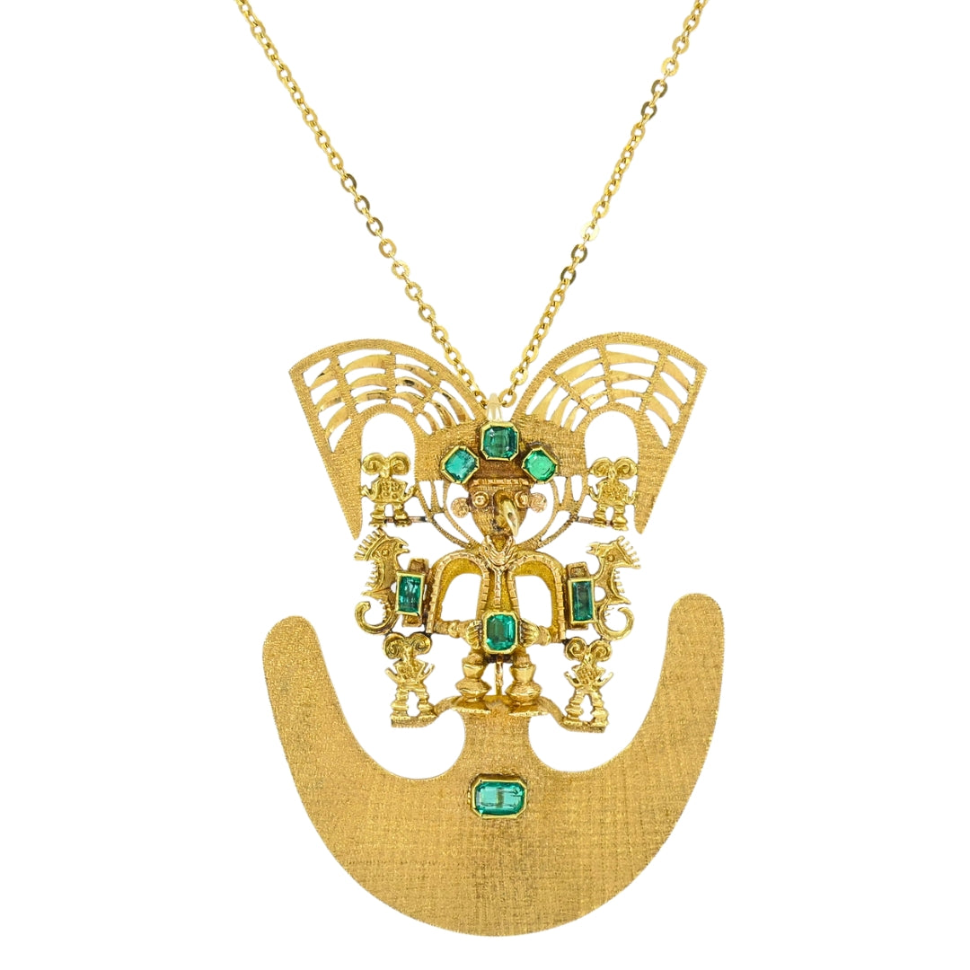 Vintage Pre‑Columbian Revival 18k Gold Emerald Tairona Style Pendant‑Brooch