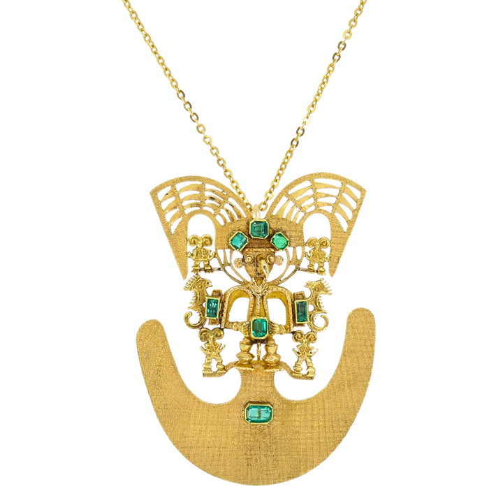 Vintage Pre‑Columbian Revival 18k Gold Emerald Tairona Style Pendant‑Brooch