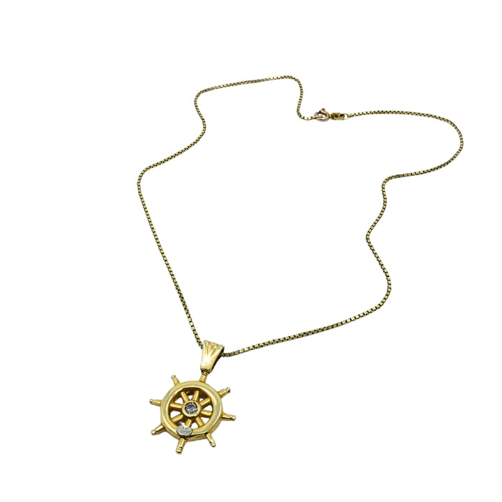 14K Gold Nautical Wheel Pendant Necklace Diamond Accent